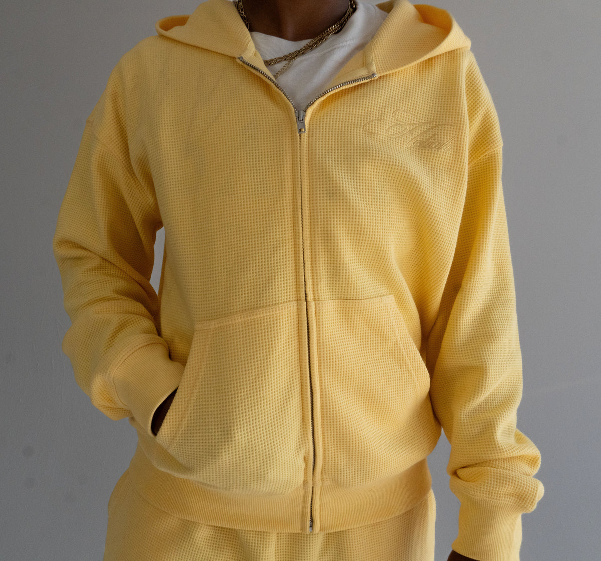 "Sol" Waffle Knit Zip-Up - Yellow