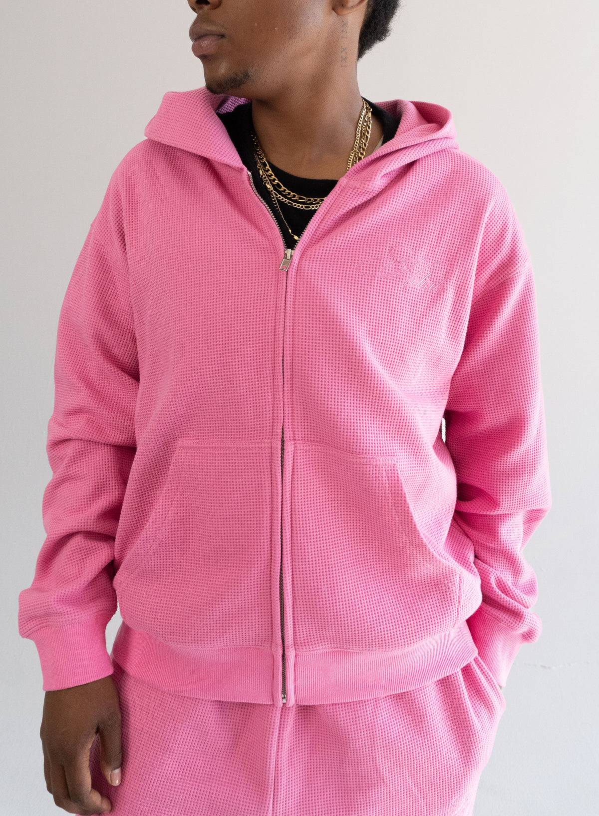 "Sol" Waffle Knit Zip-Up - Hot Pink