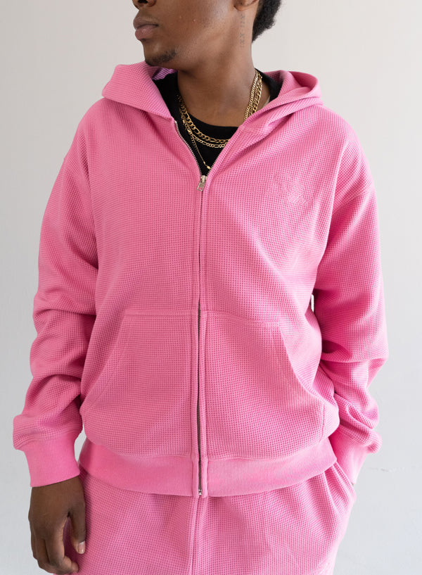 "Sol" Waffle Knit Zip-Up - Hot Pink